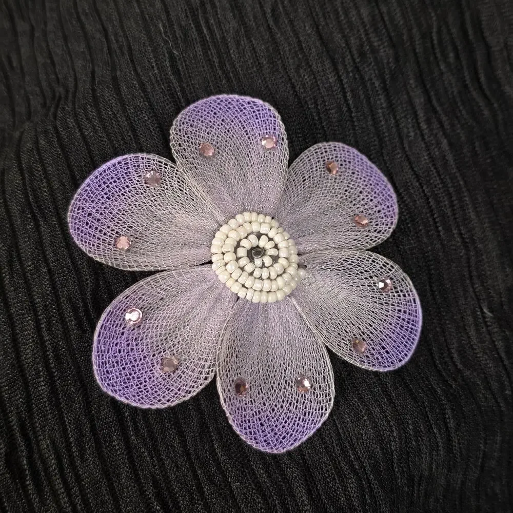 Lavender Mesh Flower Brooch Rhinestone Beaded Statement Pin